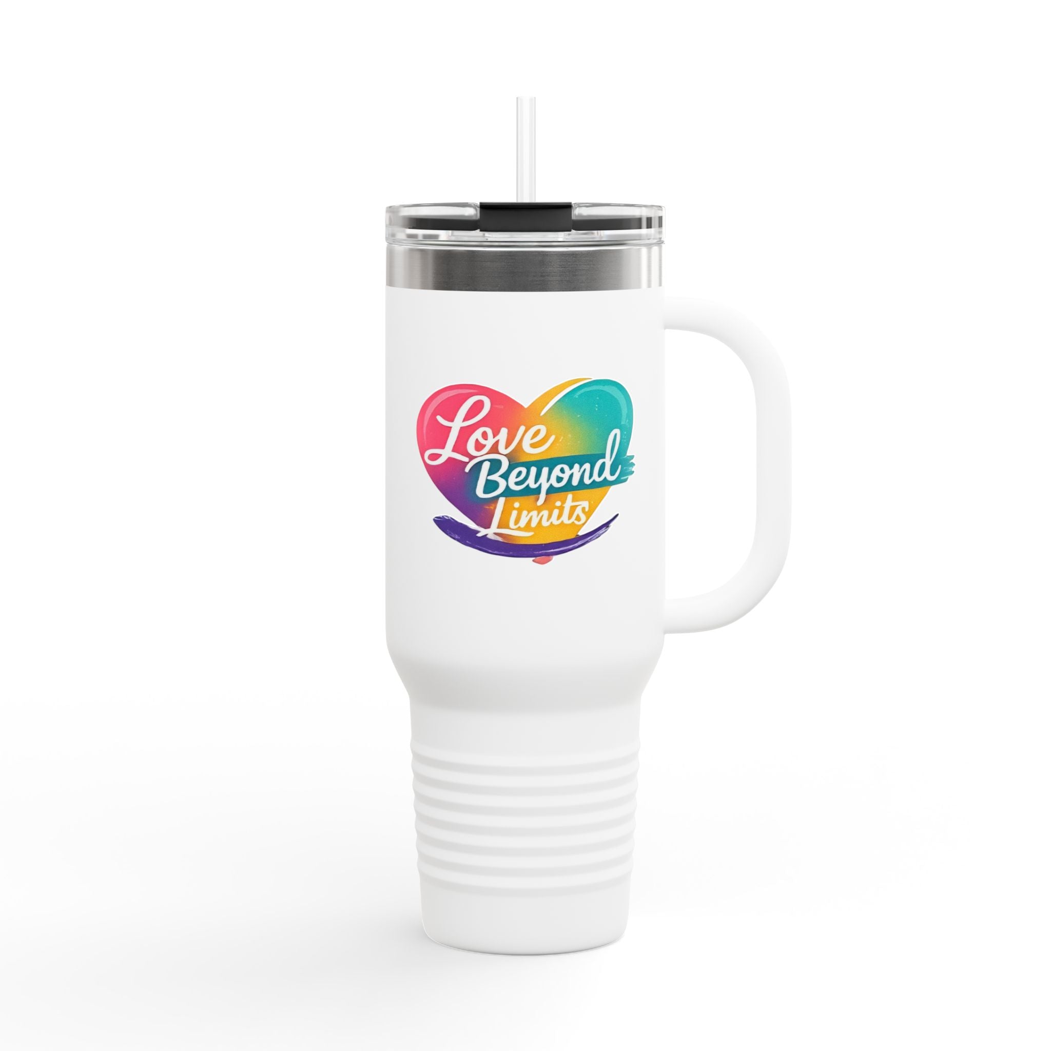 Love Beyond Limits 40oz Insulated Travel Mug — Rainbow Heart Tumbler for Pride & Everyday Use